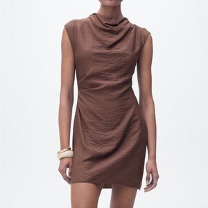 Mango Draped Textured High Neck Brown Dress